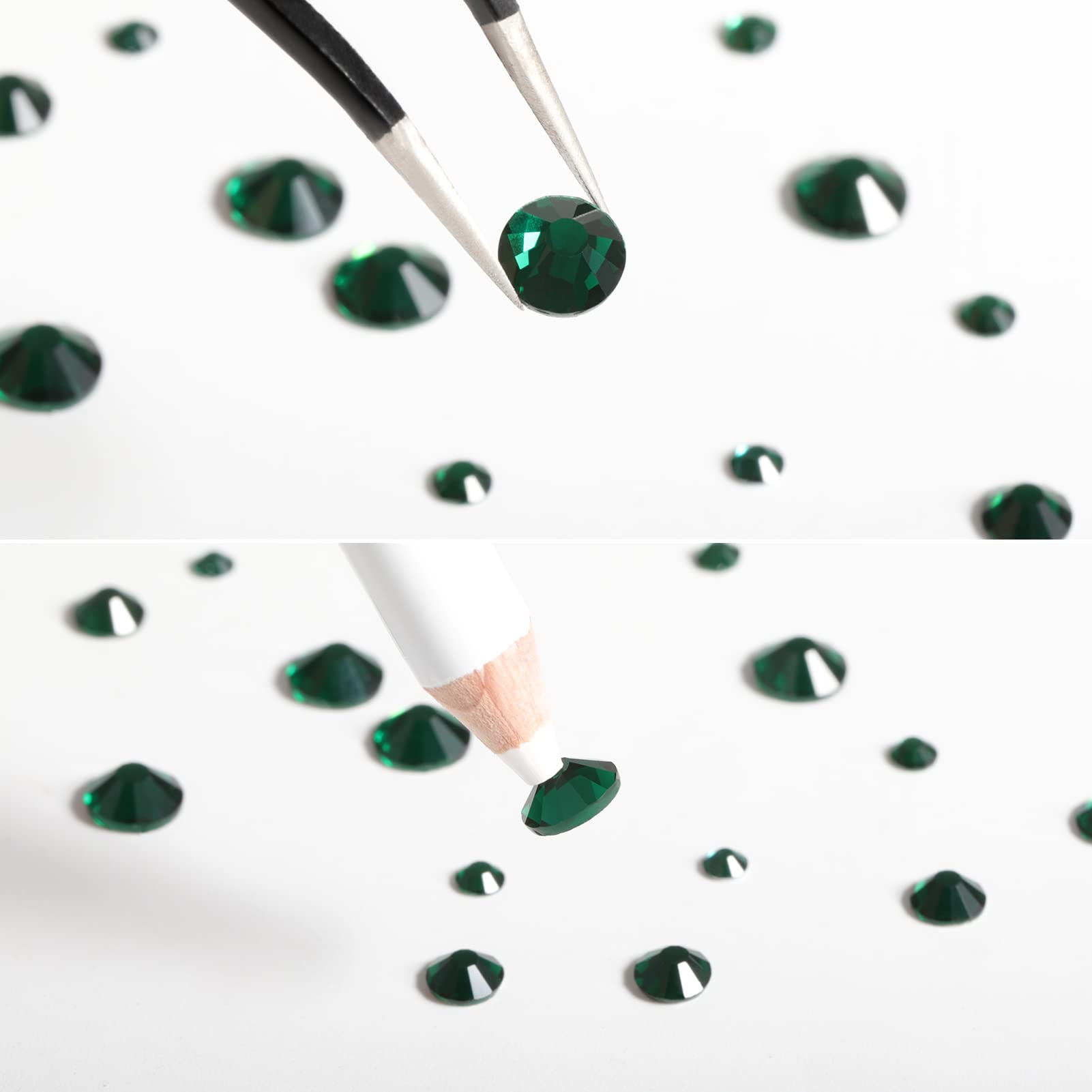 BEADSLAND rhinestones applied on a manicure adding bold emerald accents