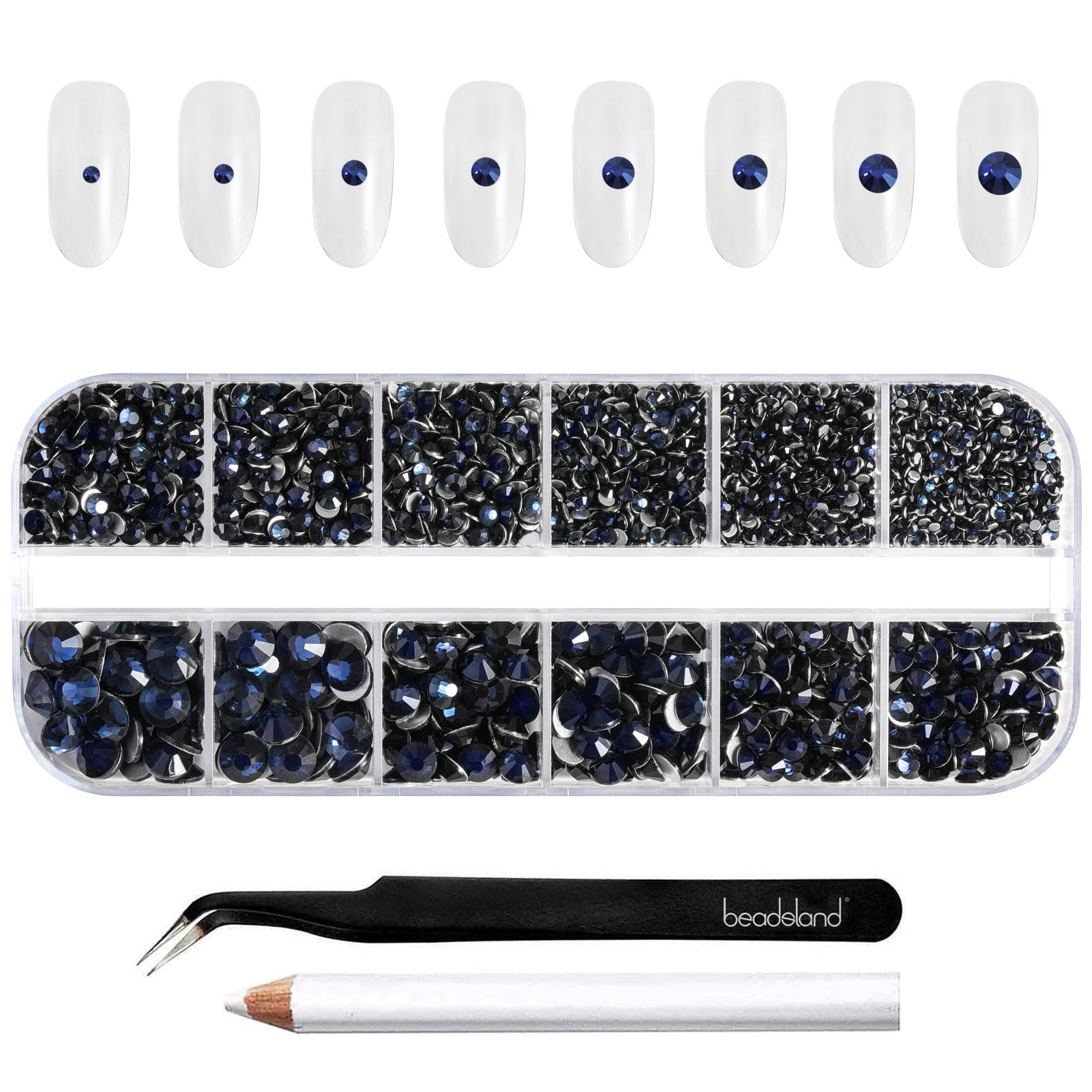 BEADSLAND pack front showing navy blue rhinestone compartments and included tools, clear organization benefit