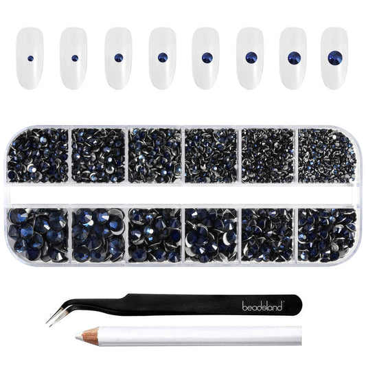 BEADSLAND pack front showing navy blue rhinestone compartments and included tools, clear organization benefit