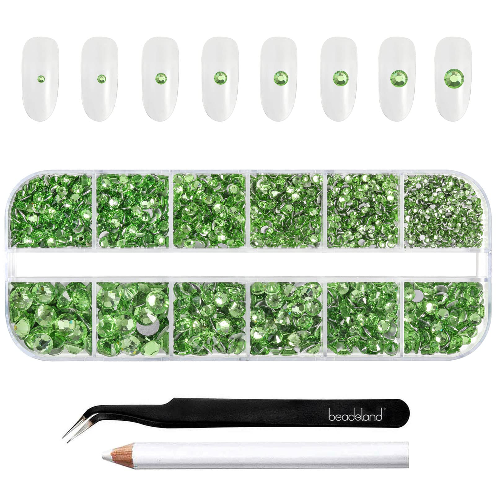 BEADSLAND top view of peridot rhinestones showing organized compartments and quantity