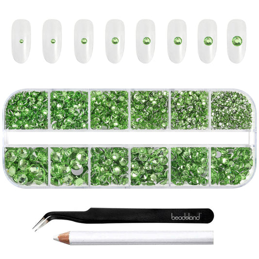 BEADSLAND top view of peridot rhinestones showing organized compartments and quantity
