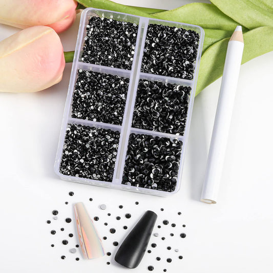 BEADSLAND close-up of cut glass facets on jet black rhinestone, brilliant sparkle