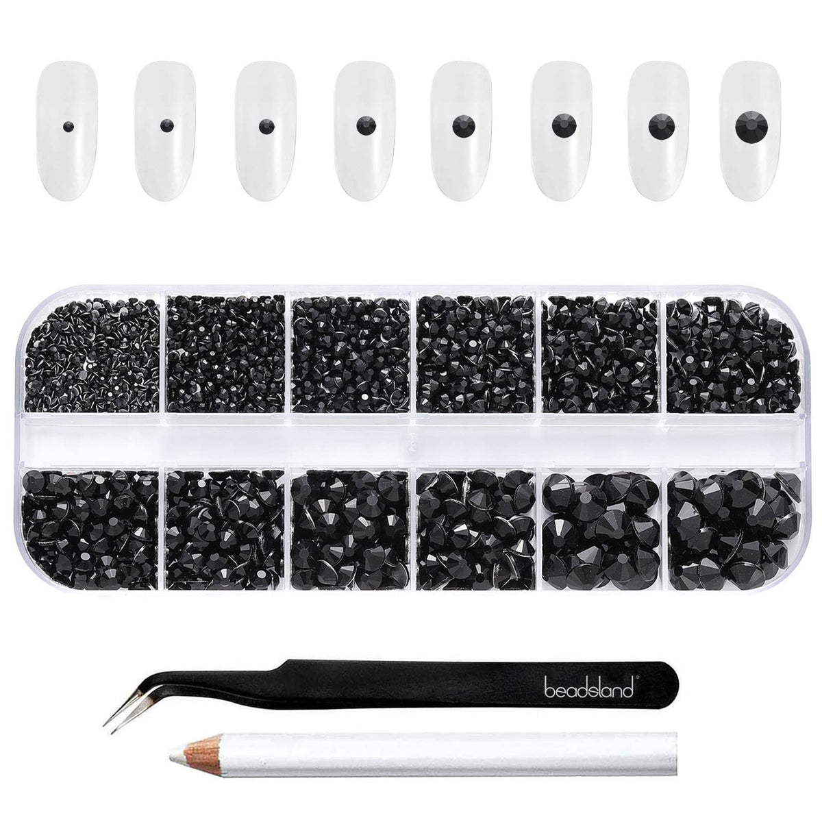 BEADSLAND front packaging showing 2500 black rhinestones and tools for organized use