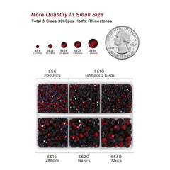Size comparison of BEADSLAND dark siam rhinestones SS6 through SS30 to show scale and design options