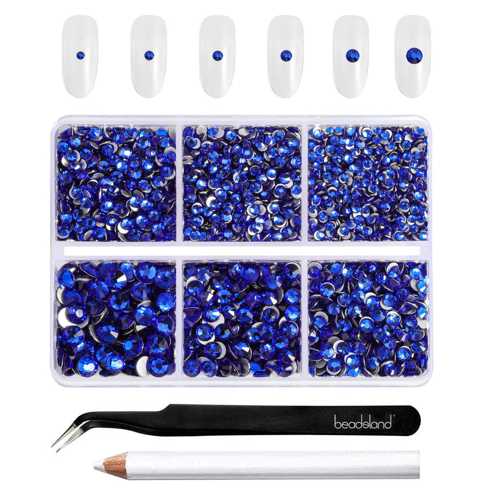 BEADSLAND front box of sapphire rhinestones neatly organized for easy access