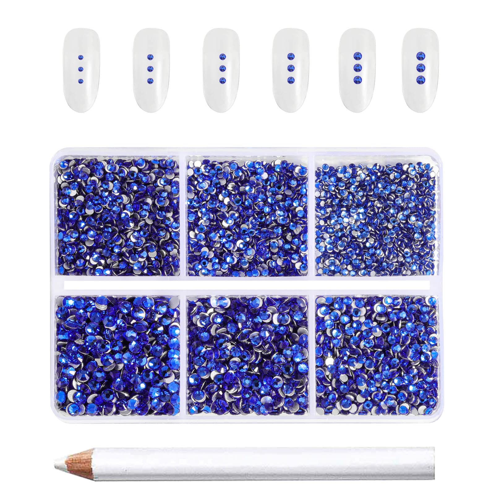 BEADSLAND front packaging tray showing separated royal blue rhinestones for easy access