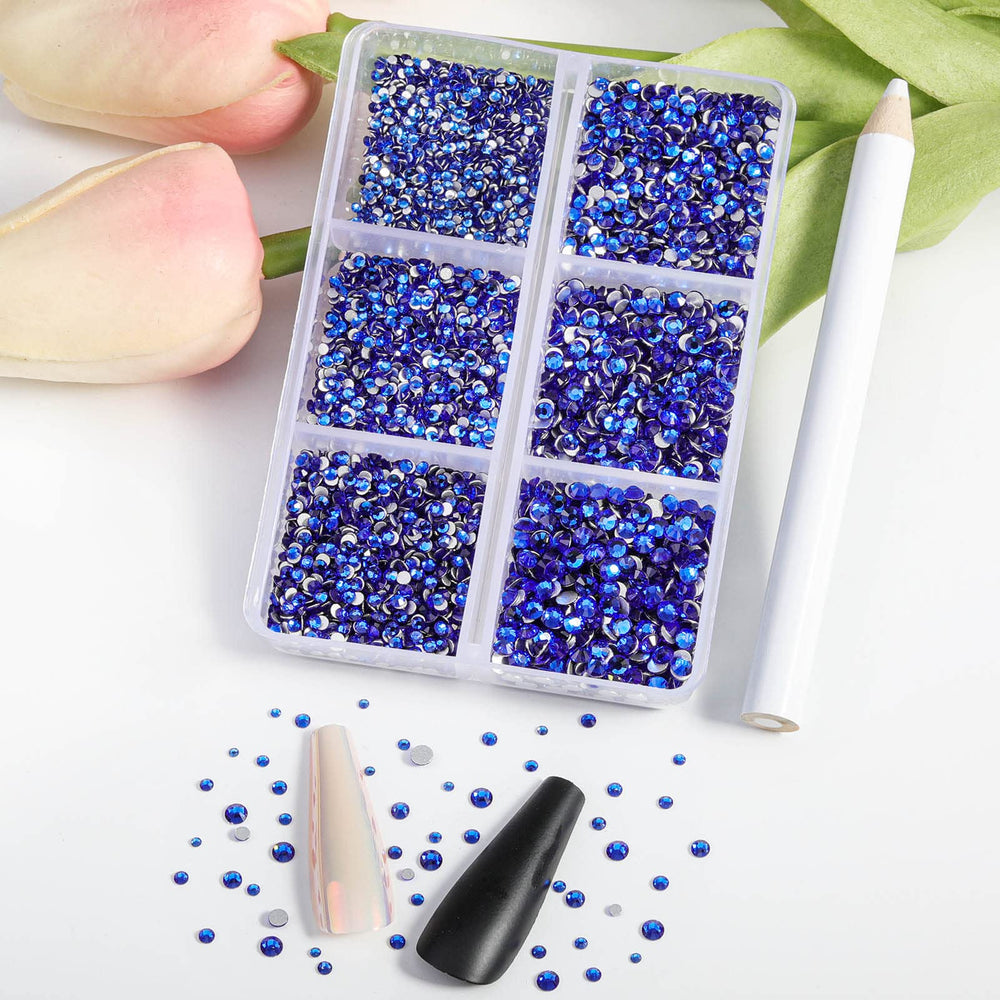 BEADSLAND close-up of sapphire rhinestone facets highlighting bright glass sparkle