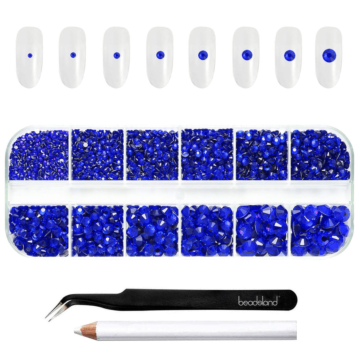 BEADSLAND front packaging showing 2500 sapphire rhinestones and tools for organized crafting