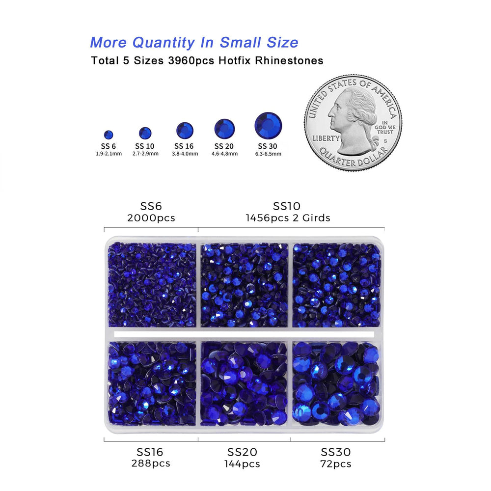 BEADSLAND layout comparing SS6 to SS30 sapphire rhinestones to choose correct size for projects