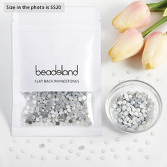 BEADSLAND rhinestones next to ruler and organizer illustrating size 3.8–4.0mm and storage ease