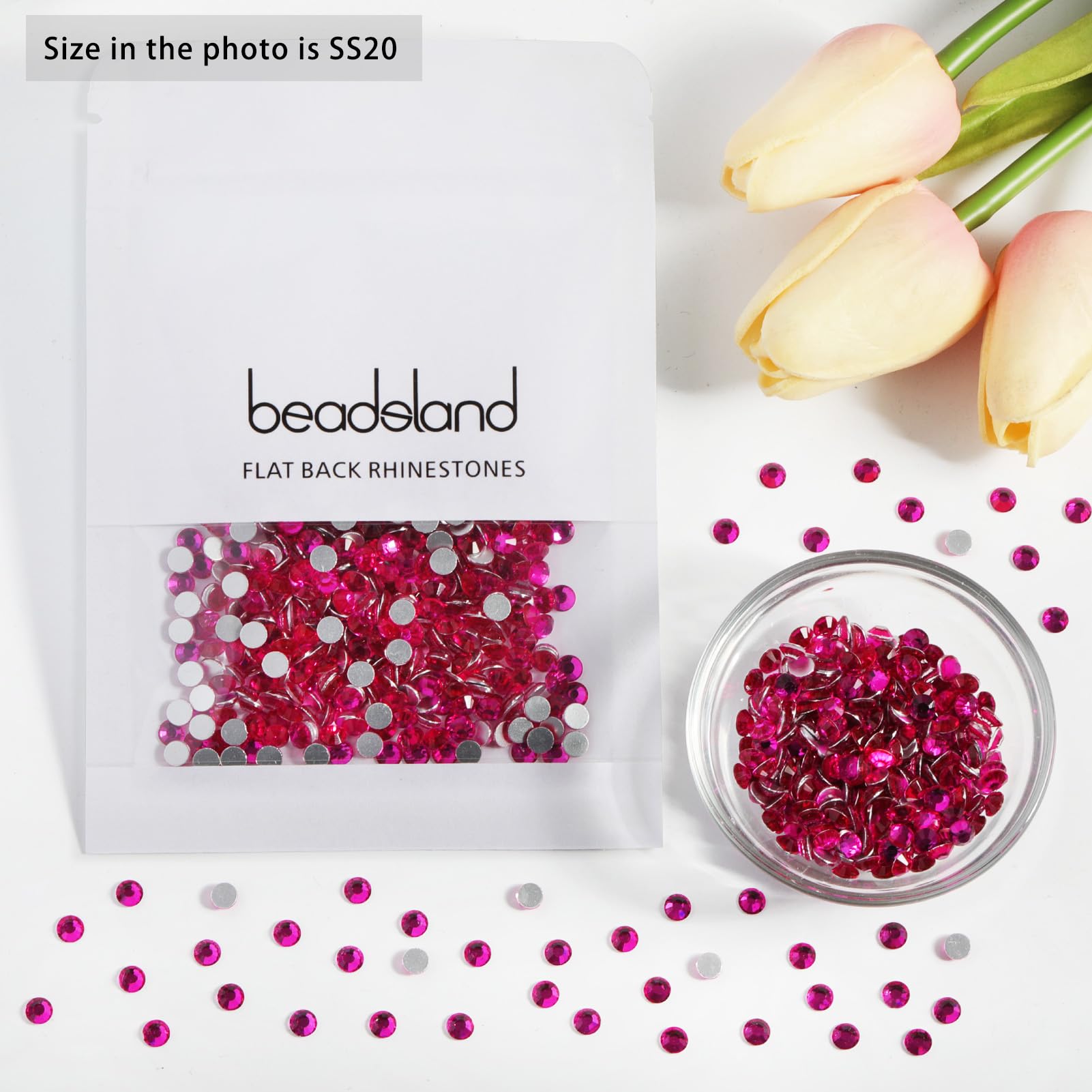 BEADSLAND rhinestones beside ruler showing 4.6–4.8mm size for scale