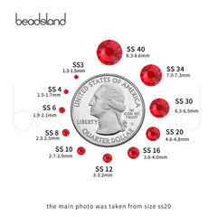 BEADSLAND rhinestone beside a coin to show 10mm size and easy selection benefit