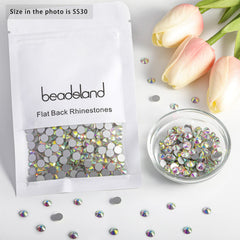 BEADSLAND rhinestones next to ruler, shows 6.3–6.5mm scale for accurate sizing benefit