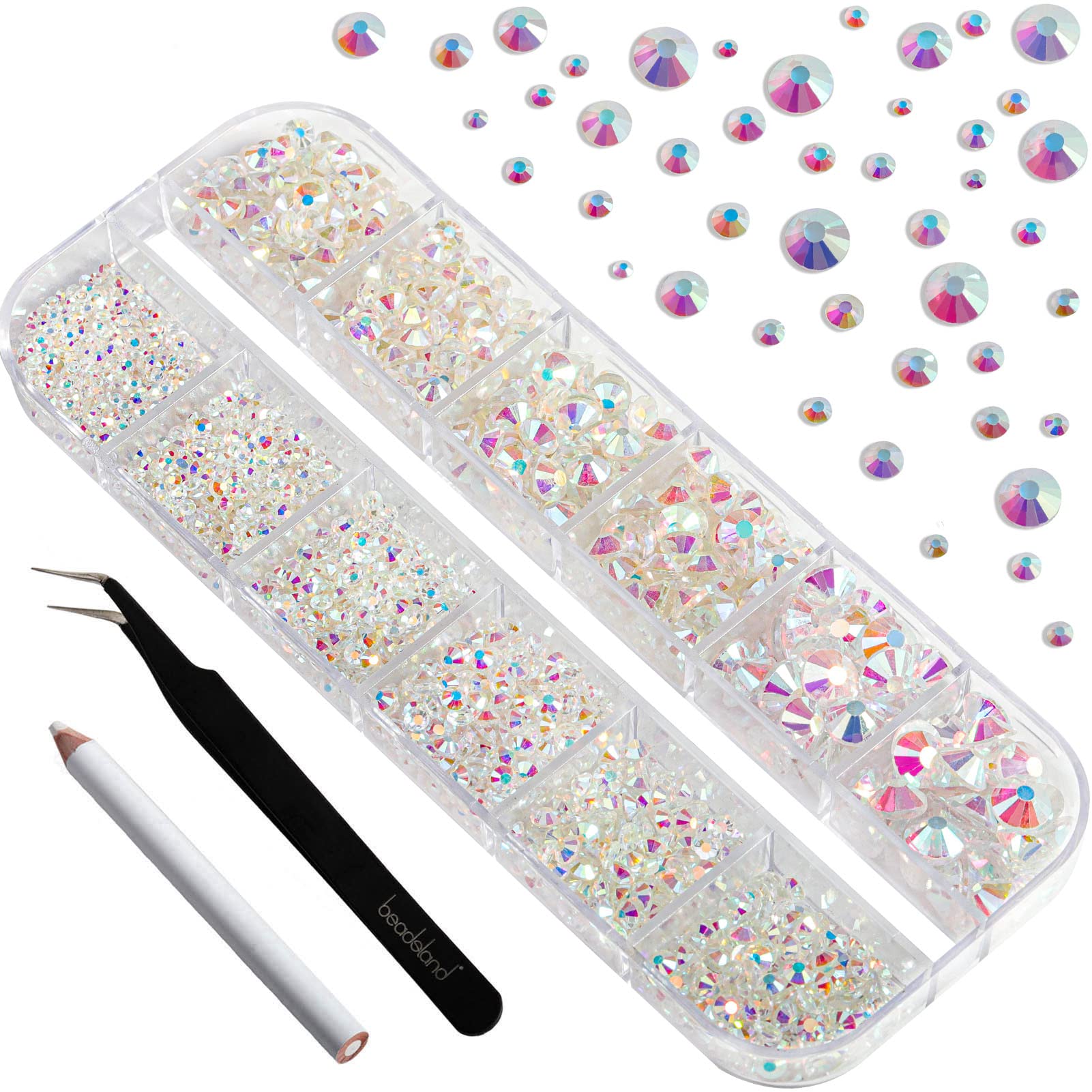 BEADSLAND size grid displaying SS4 to SS30 rhinestones for precise selection benefit