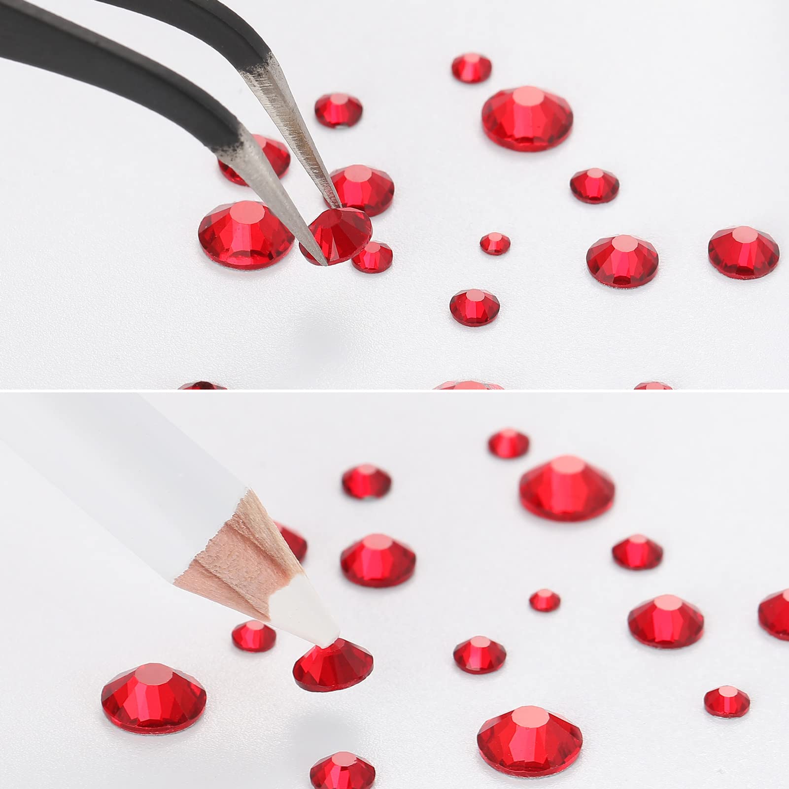 BEADSLAND tweezers and wax pencil positioned with gems for precise placement