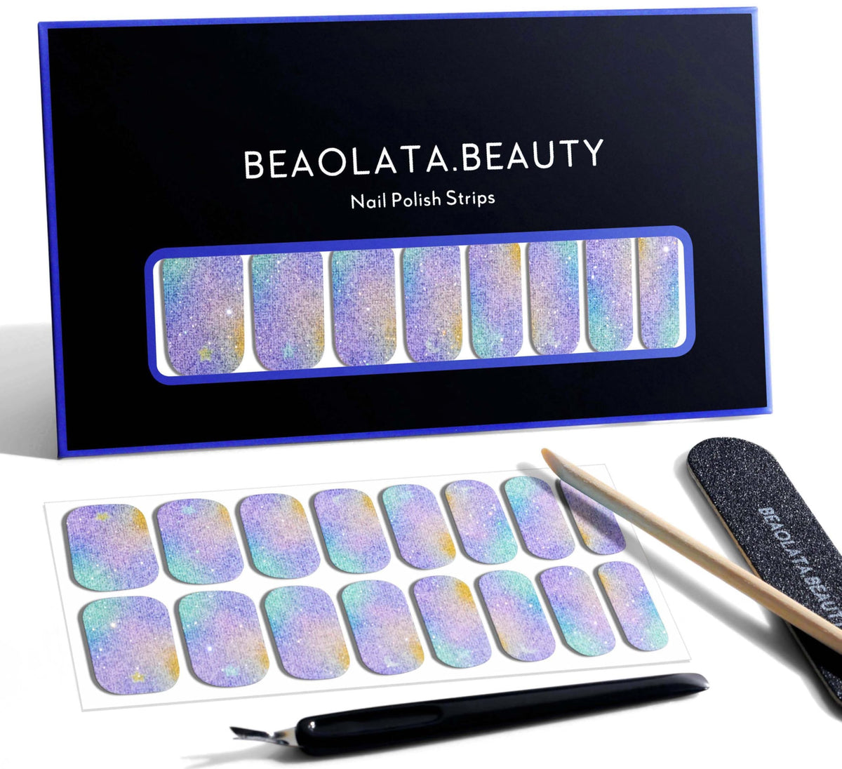 Beaolata front packaging showing Fairies's Blue Glitter for instant salon style