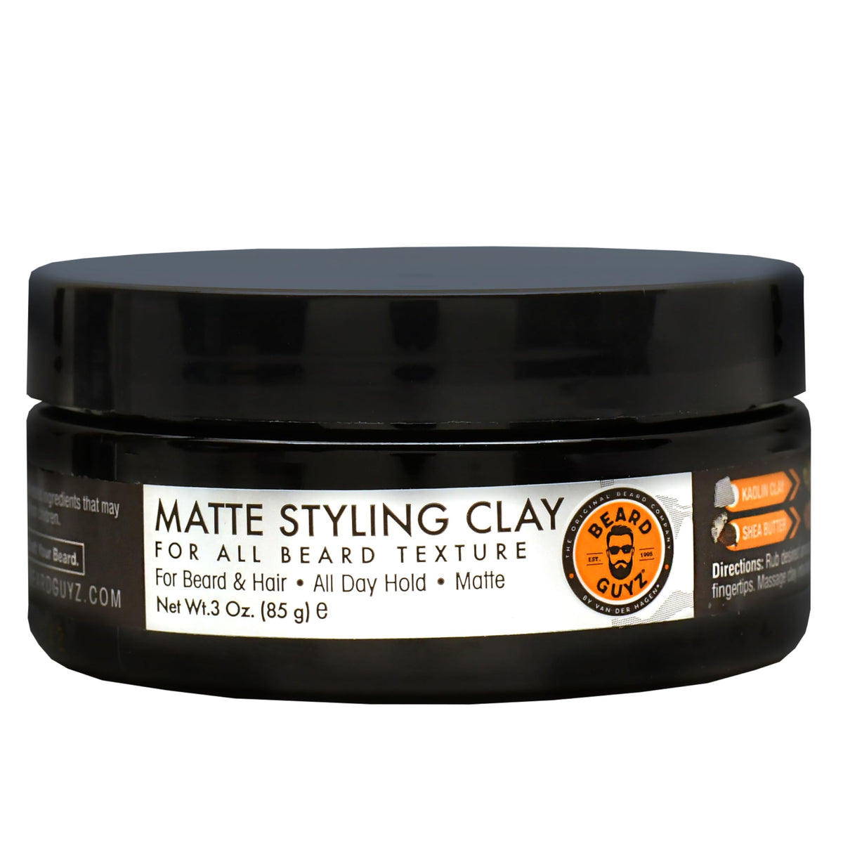 Beard Guyz product front label showing matte clay and strong hold benefits