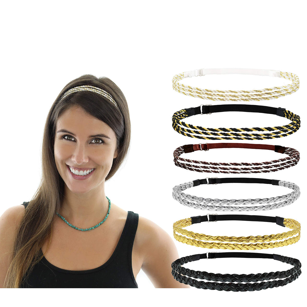 BEAUTÉ GALLERIA front-packaging showing six metallic braided headbands and color variety