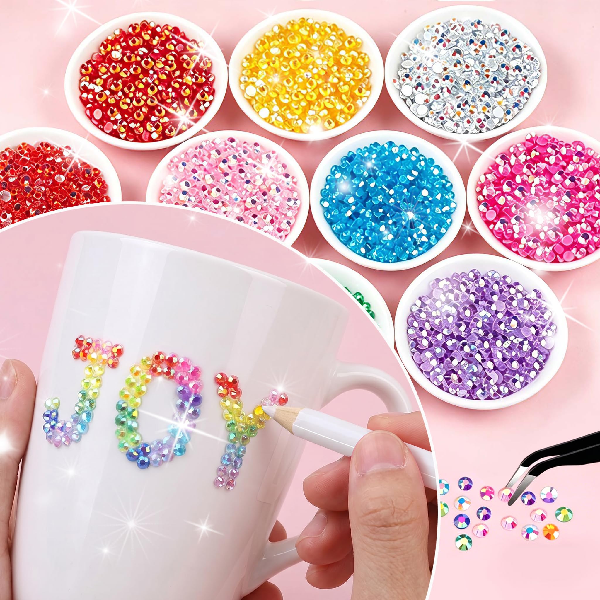 Beauterra close-up color array highlighting 48 vibrant resin rhinestone shades for variety