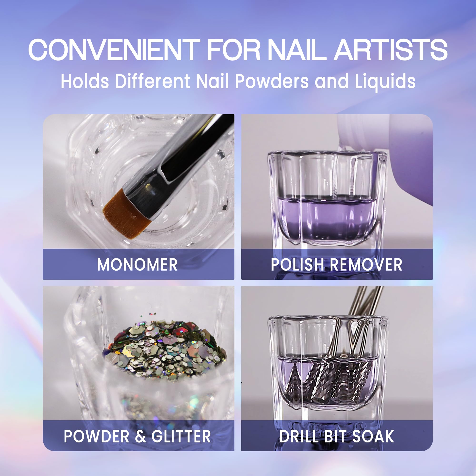 Beauticom dish holding monomer liquid illustrating chemical-safe glass and controlled use
