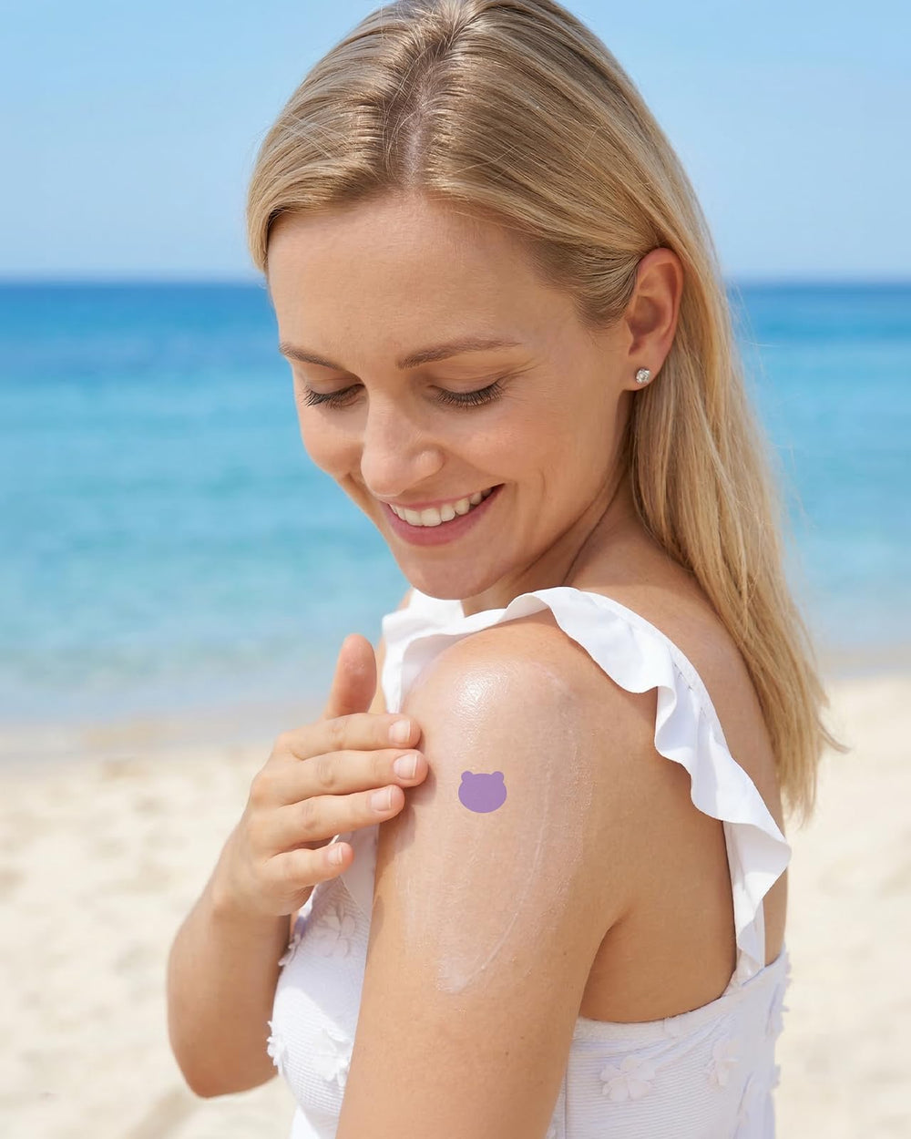 Beautistin stickers in beach bag lifestyle scene encouraging sun safety