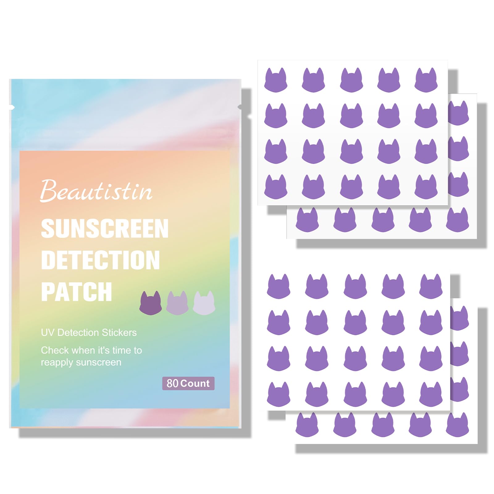 Beautistin front packaging showing 80 cat-shaped UV stickers and benefits
