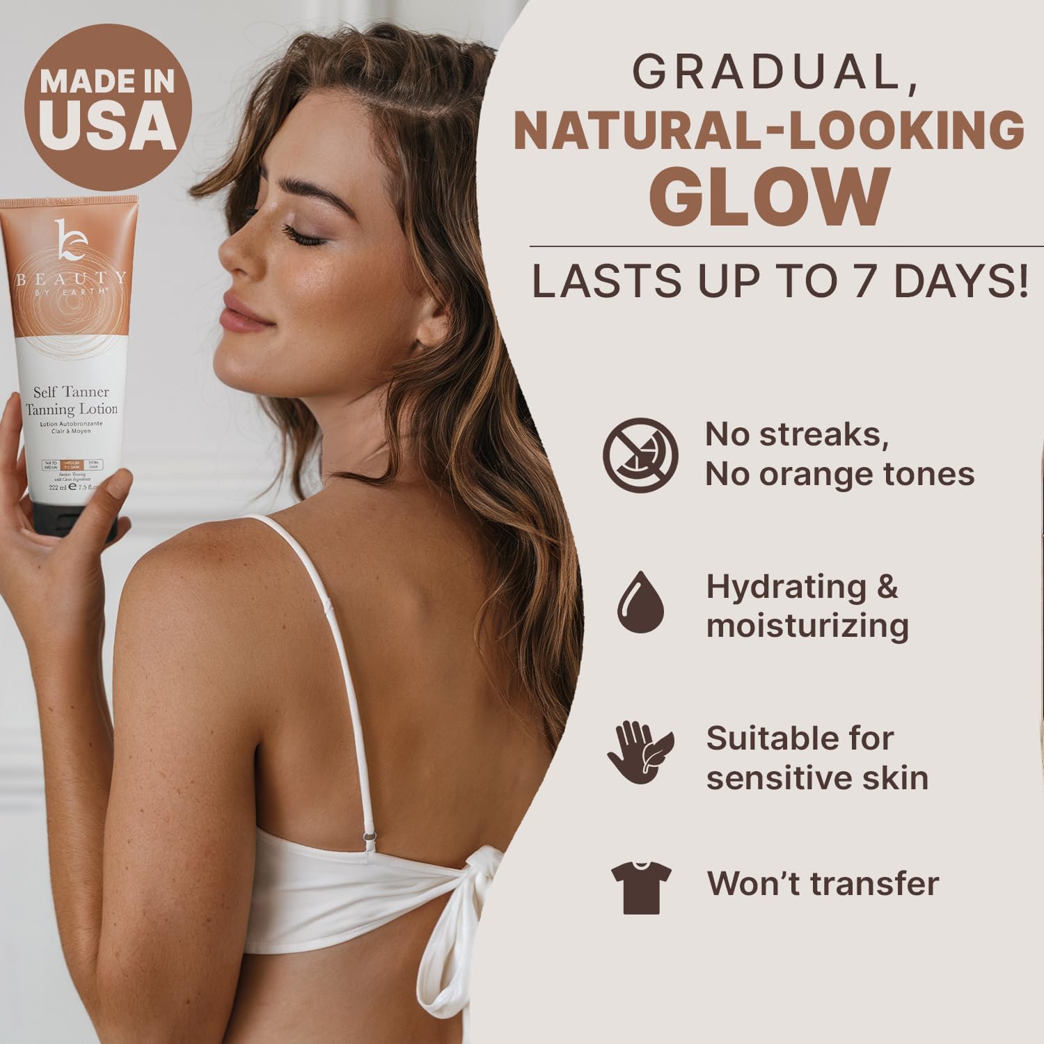 Beauty by Earth exfoliating mitt and application glove highlighting streak-free results benefit