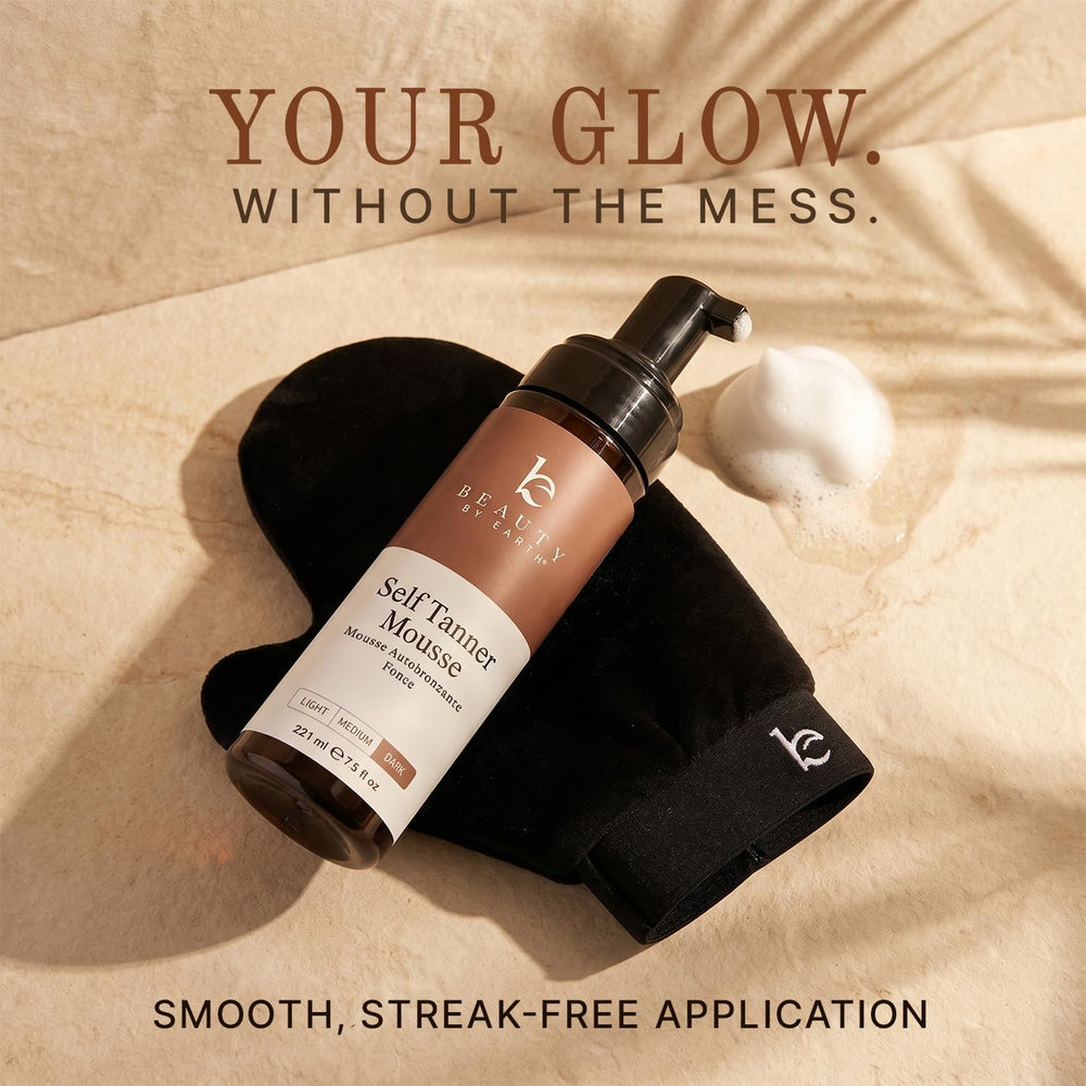 Beauty by Earth applicator mitt with mousse showing even, streak-free application benefit