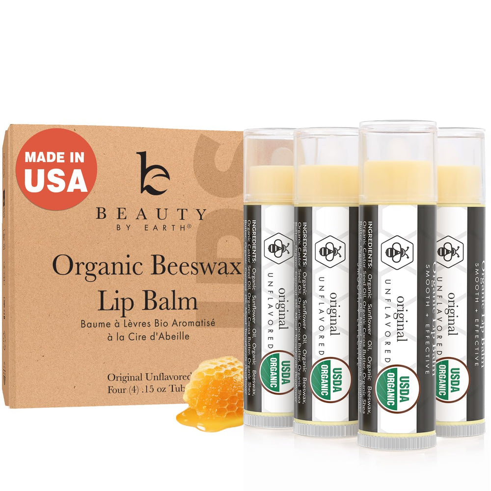 Beauty by Earth front packaging showing four organic lip balms for easy gifting