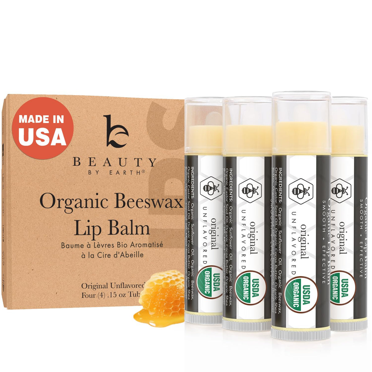 Beauty by Earth front packaging showing four organic lip balms for easy gifting