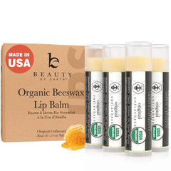 Beauty by Earth front packaging showing four organic lip balms for easy gifting