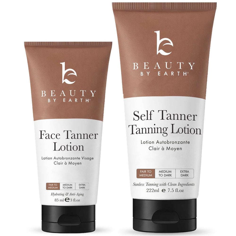 Beauty by Earth front packaging showing clean self-tanner and mitt