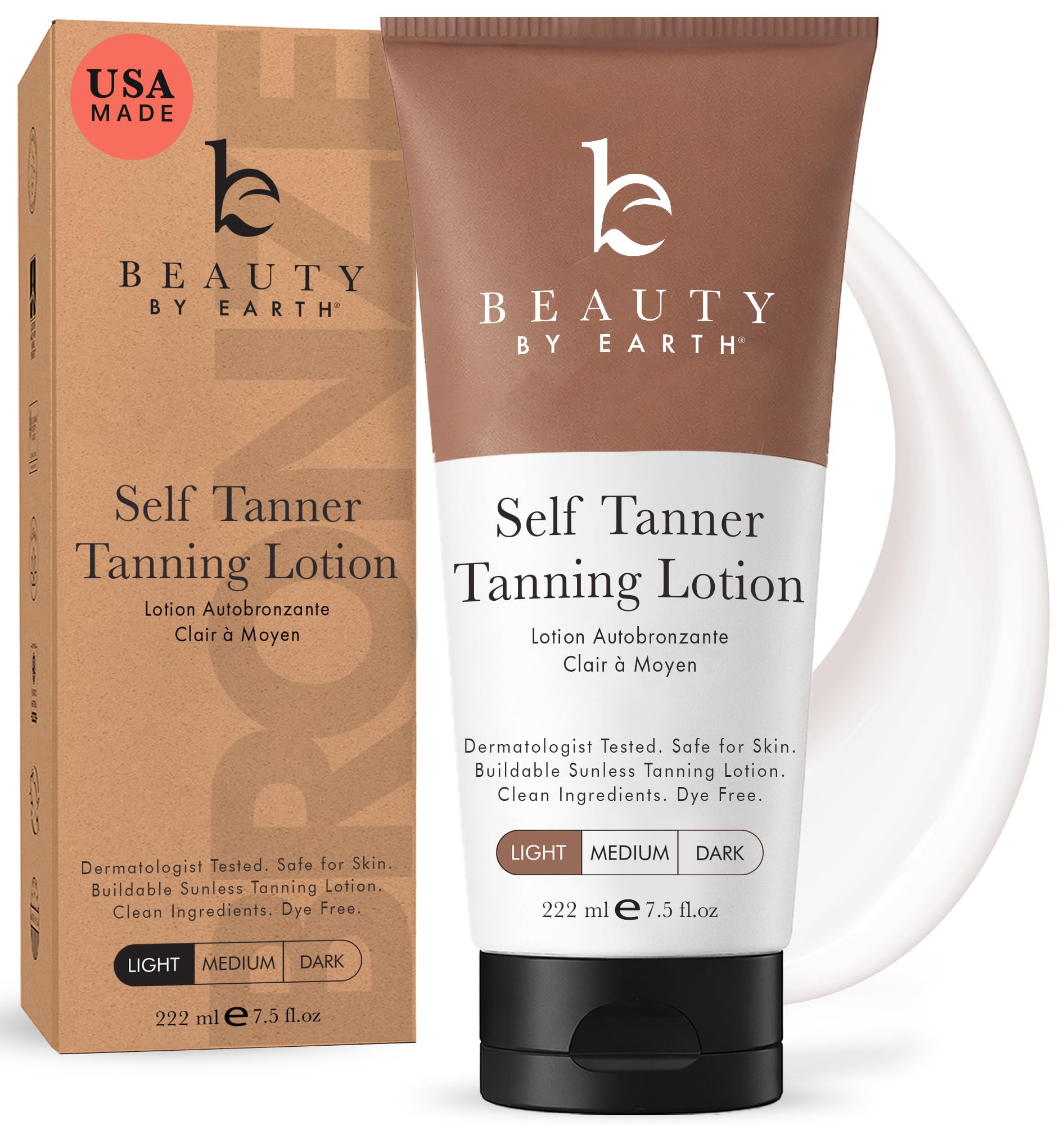 Beauty by Earth front packaging showing clean-label benefits for natural tan