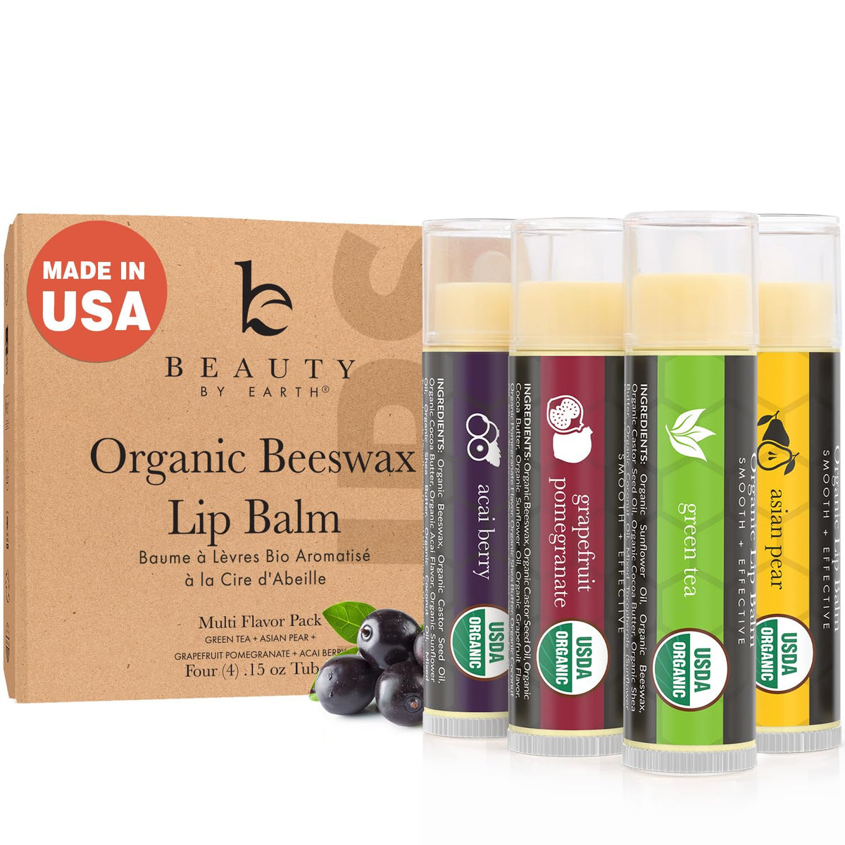 Beauty by Earth front packaging showing four organic balm tubes and brand clarity