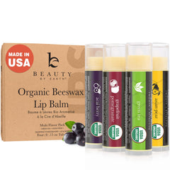 Beauty by Earth front packaging showing four organic balm tubes and brand clarity