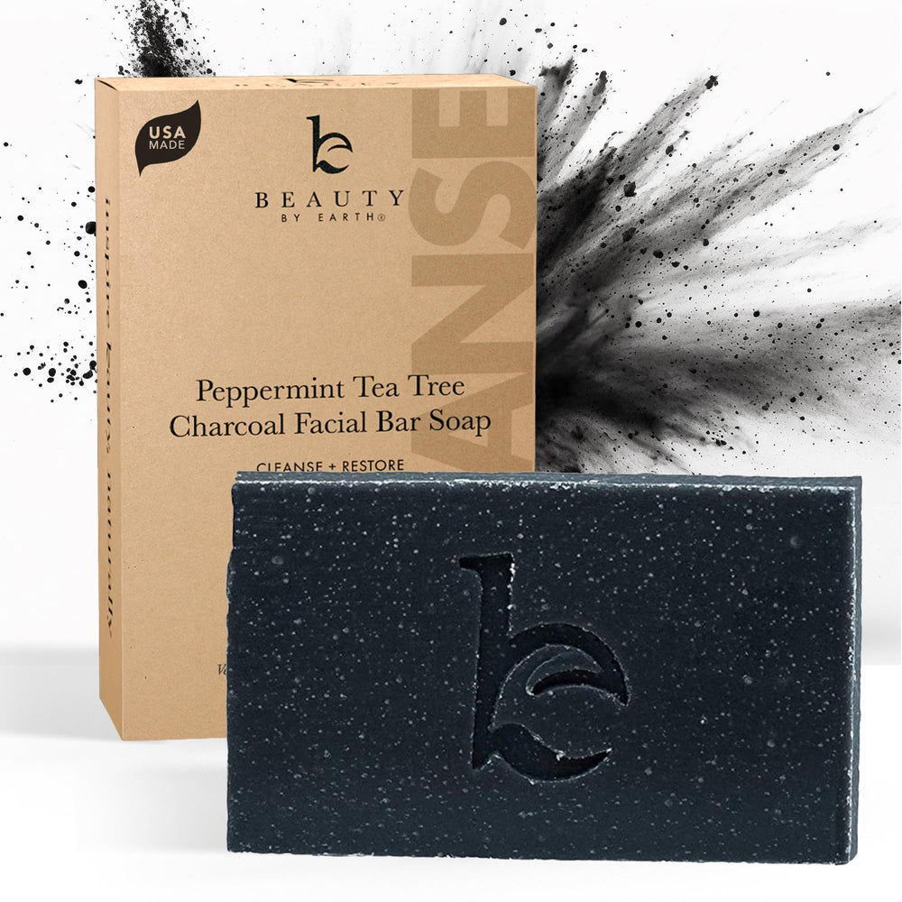 Beauty by Earth front packaging showing charcoal facial bar and benefits
