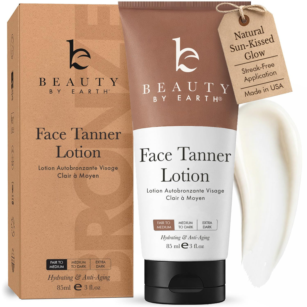 Beauty by Earth front packaging showing natural facial tanner benefits