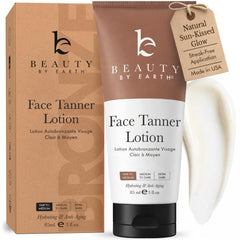 Beauty by Earth front packaging showing natural facial tanner benefits