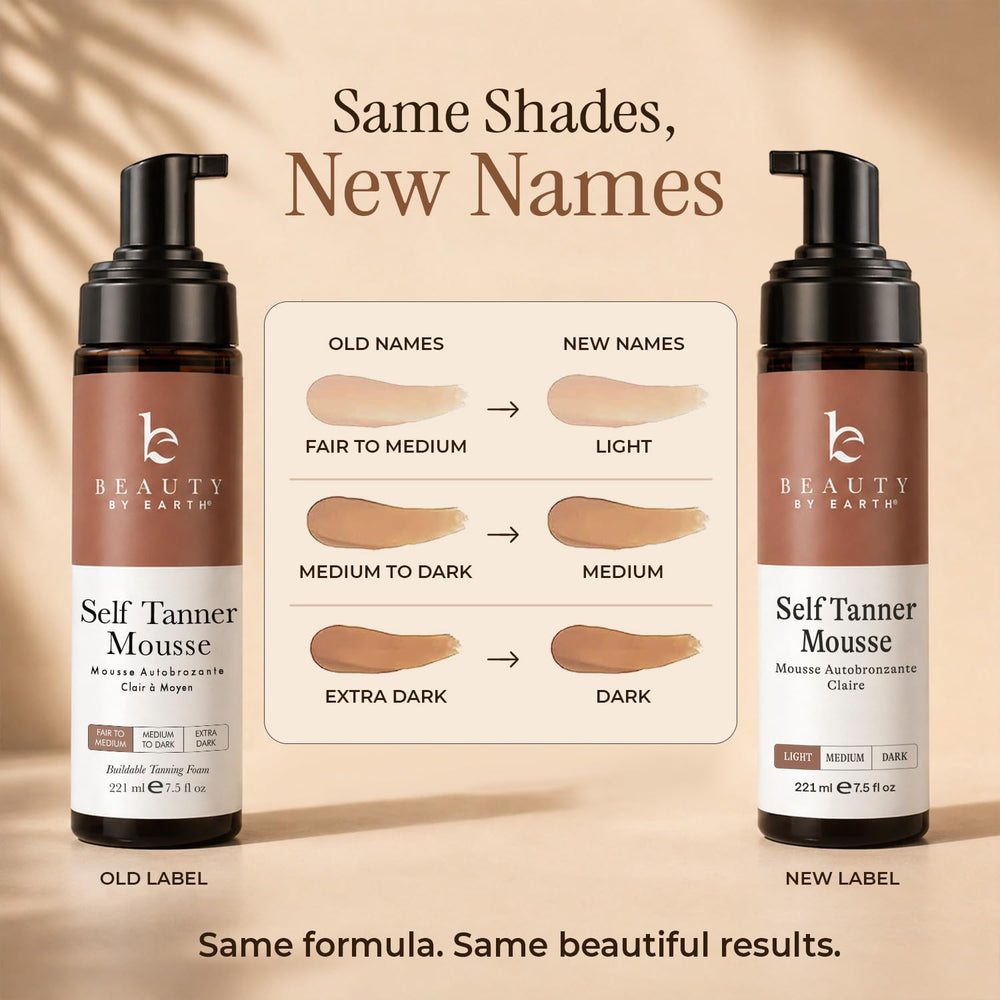 Beauty by Earth kit on bathroom counter showing at-home tanning routine