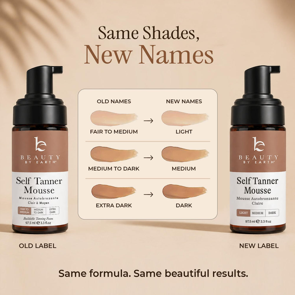 Beauty by Earth mousse and mitt on vanity, easy at-home sunless tanning routine