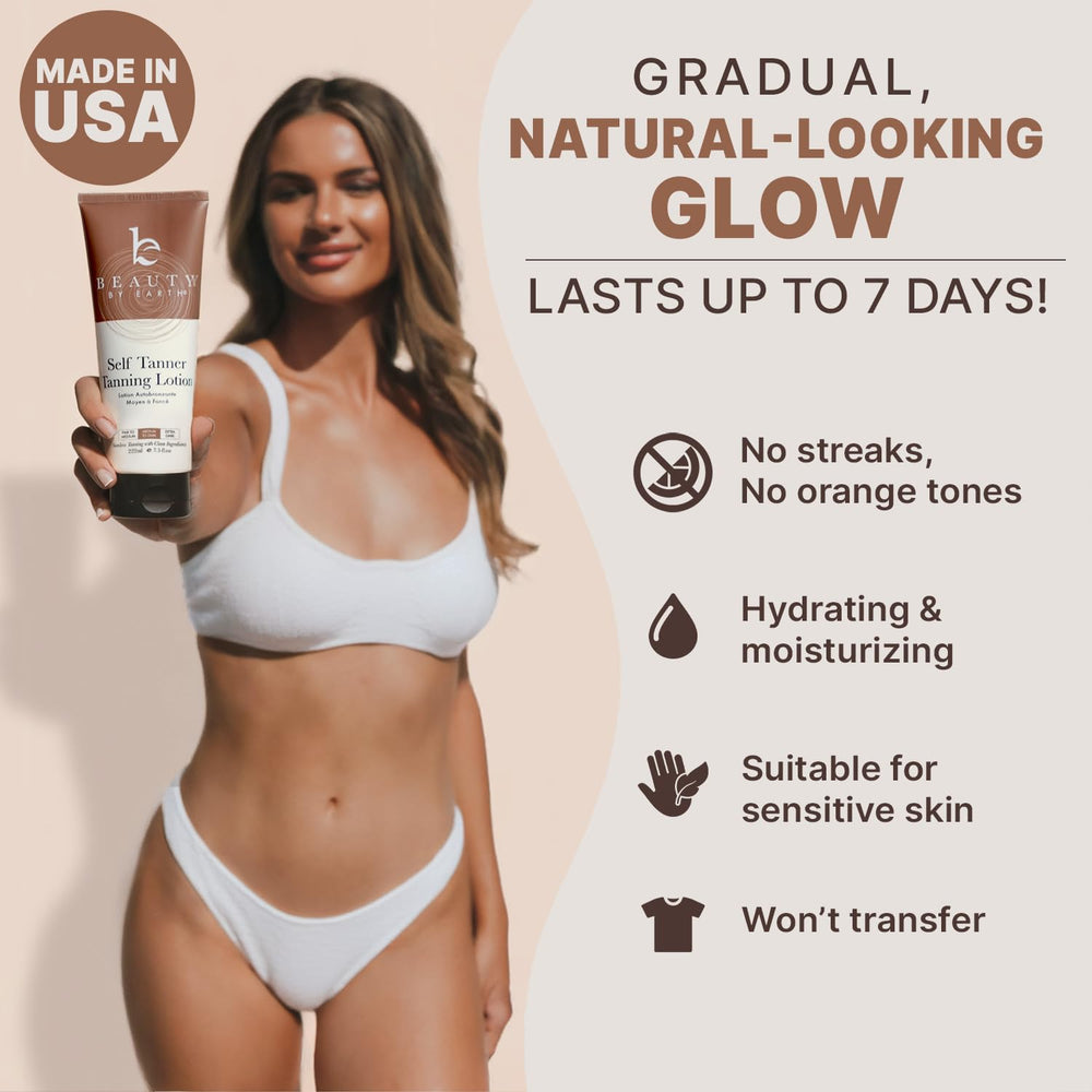 Beauty by Earth applied on arm demonstrating streak-free, even tan benefit
