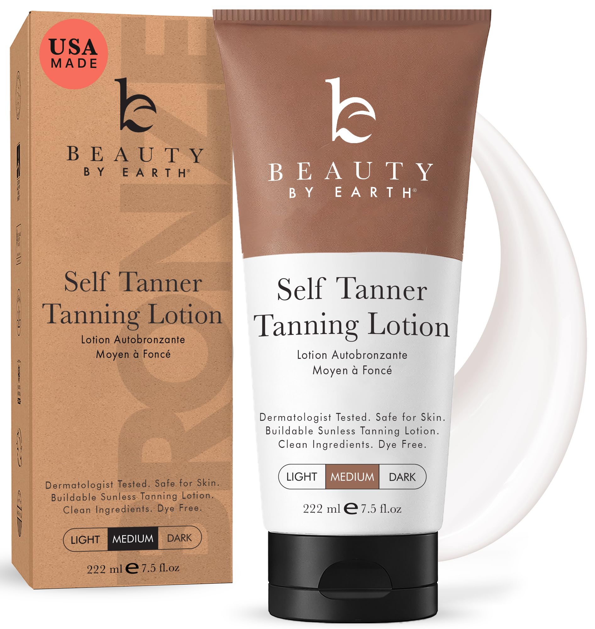 Beauty by Earth front packaging showing medium shade for natural tan benefit