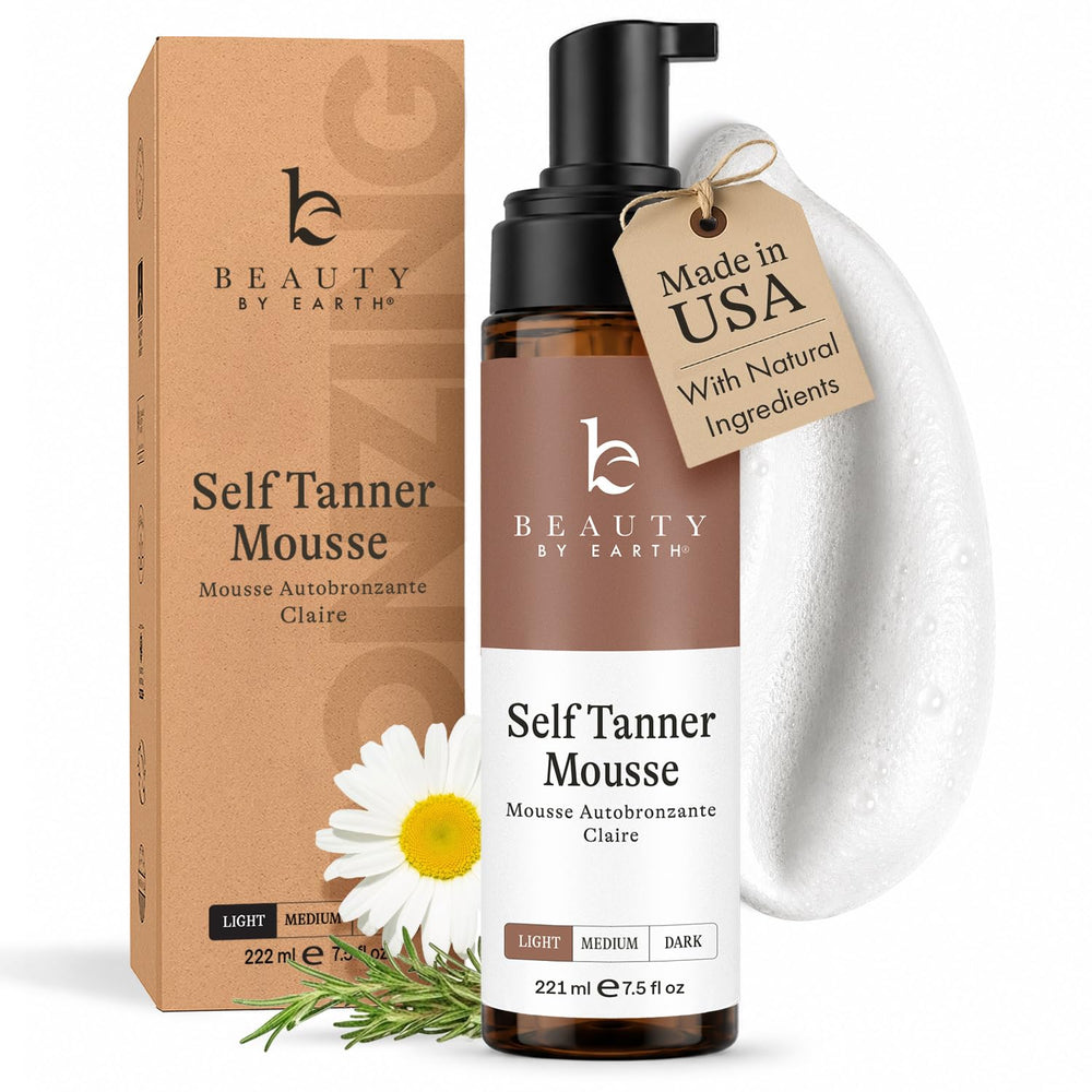 Beauty by Earth front packaging showing clean natural tanning mousse benefits