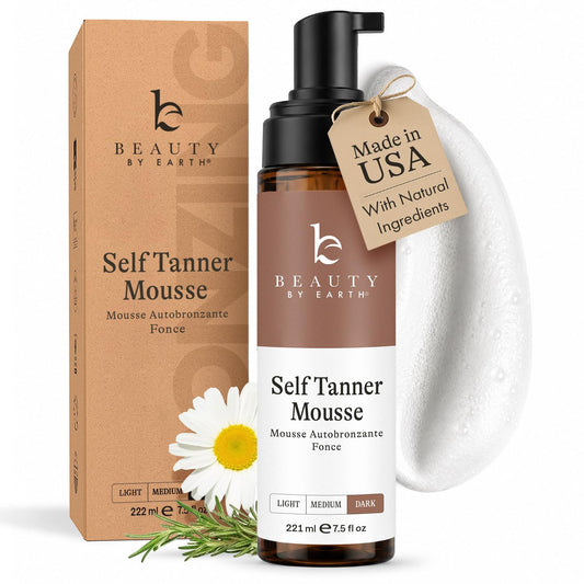 Beauty by Earth front packaging showing clean tanning mousse, highlights safety