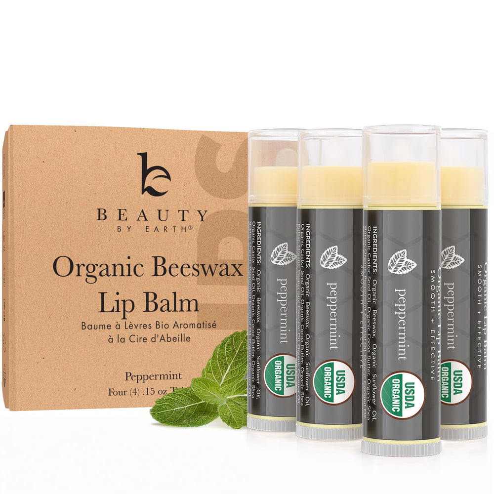 Beauty by Earth front packaging showing peppermint lip balm and organic badge benefits