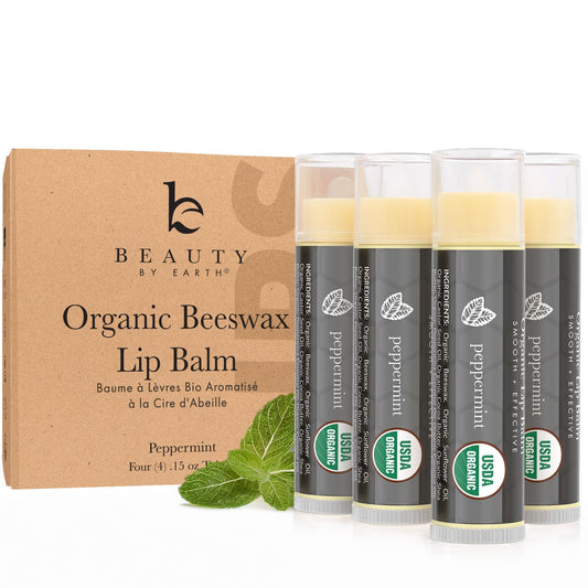 Beauty by Earth front packaging showing peppermint lip balm and organic badge benefits