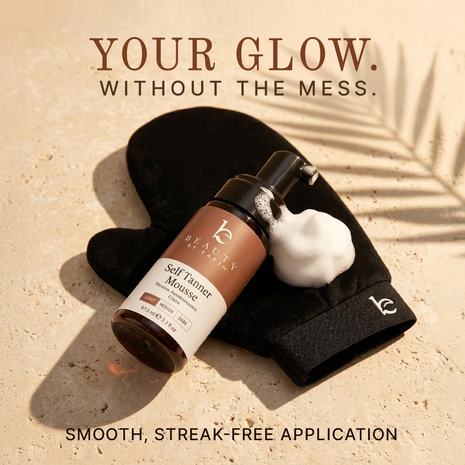 Beauty by Earth velvety tanning mitt detail, ensures streak-free, even application