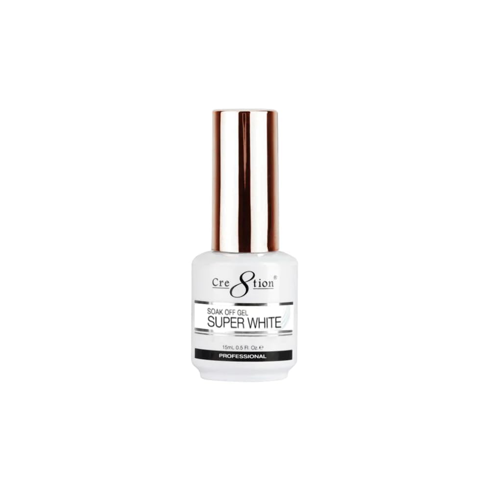 Beauty Cre8tion bottle front view showing super white gel and clear label for salon use
