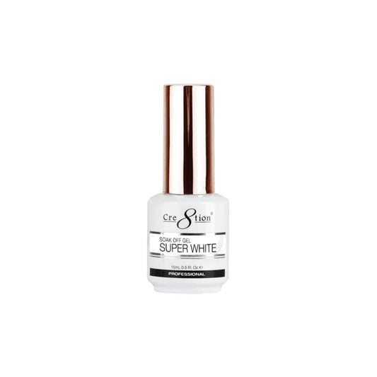 Beauty Cre8tion bottle front view showing super white gel and clear label for salon use