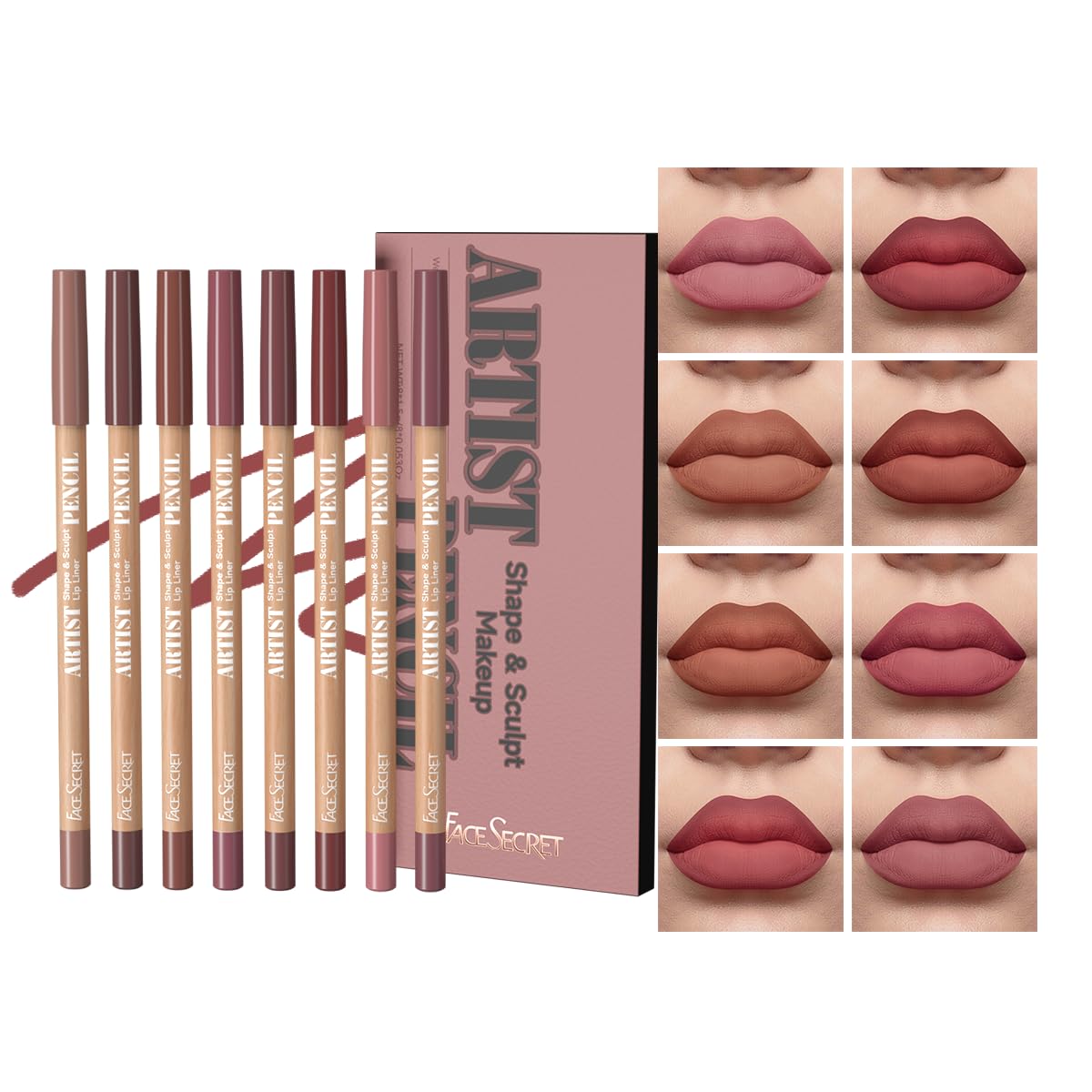Beauty Glazed front packaging showing all eight nude lip liners and benefits